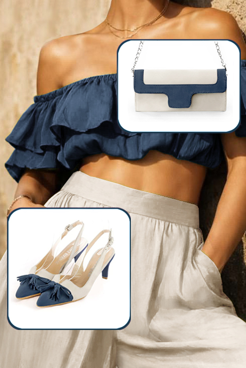 Women's denim blue and off white elegant slingback heels, with a bow on the front. Tapered toe. Medium slim heel - Worn view